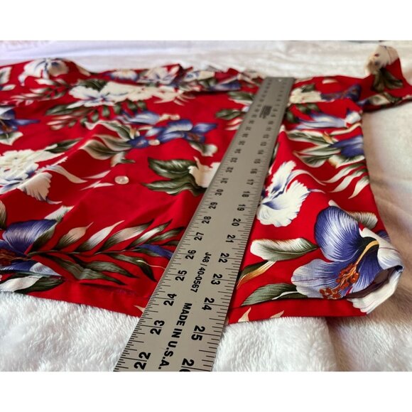 KYs International Men Red Floral Hawaiian Shirt XL Cotton Short Sleeve Button Up - Picture 7 of 8